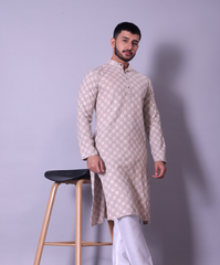 Subtle Beige Textured Kurta with White Churidar for Men