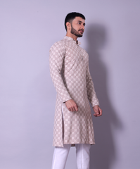 Subtle Beige Textured Kurta with White Churidar for Men