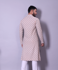 Subtle Beige Textured Kurta with White Churidar for Men