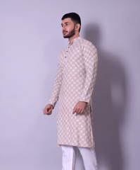 Subtle Beige Textured Kurta with White Churidar for Men