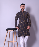 Elegant Black and Gold Kurta with White Churidar for Men