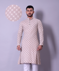 Subtle Beige Textured Kurta with White Churidar for Men
