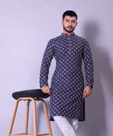 Navy Blue and Gold Woven Pattern Kurta with White Churidar for Men