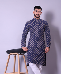 Navy Blue and Gold Woven Pattern Kurta with White Churidar for Men