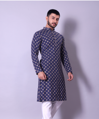 Navy Blue and Gold Woven Pattern Kurta with White Churidar for Men