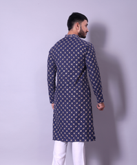 Navy Blue and Gold Woven Pattern Kurta with White Churidar for Men