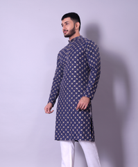 Navy Blue and Gold Woven Pattern Kurta with White Churidar for Men