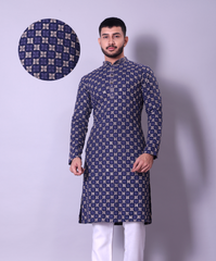 Navy Blue and Gold Woven Pattern Kurta with White Churidar for Men