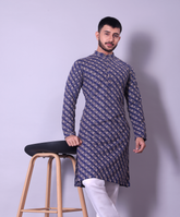 Royal Blue and Gold Diagonal Embroidered Kurta for Men