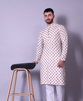 Classic Ivory and Gold Embroidered Kurta with White Churidar for Men
