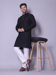 Classic Black Textured Kurta with White Pajama