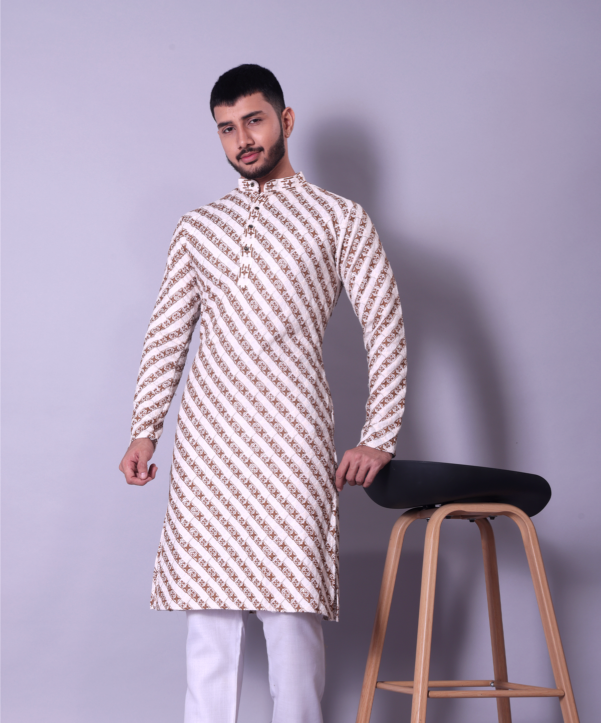 Ivory and Gold Diagonal Pattern Kurta with White Churidar for Men