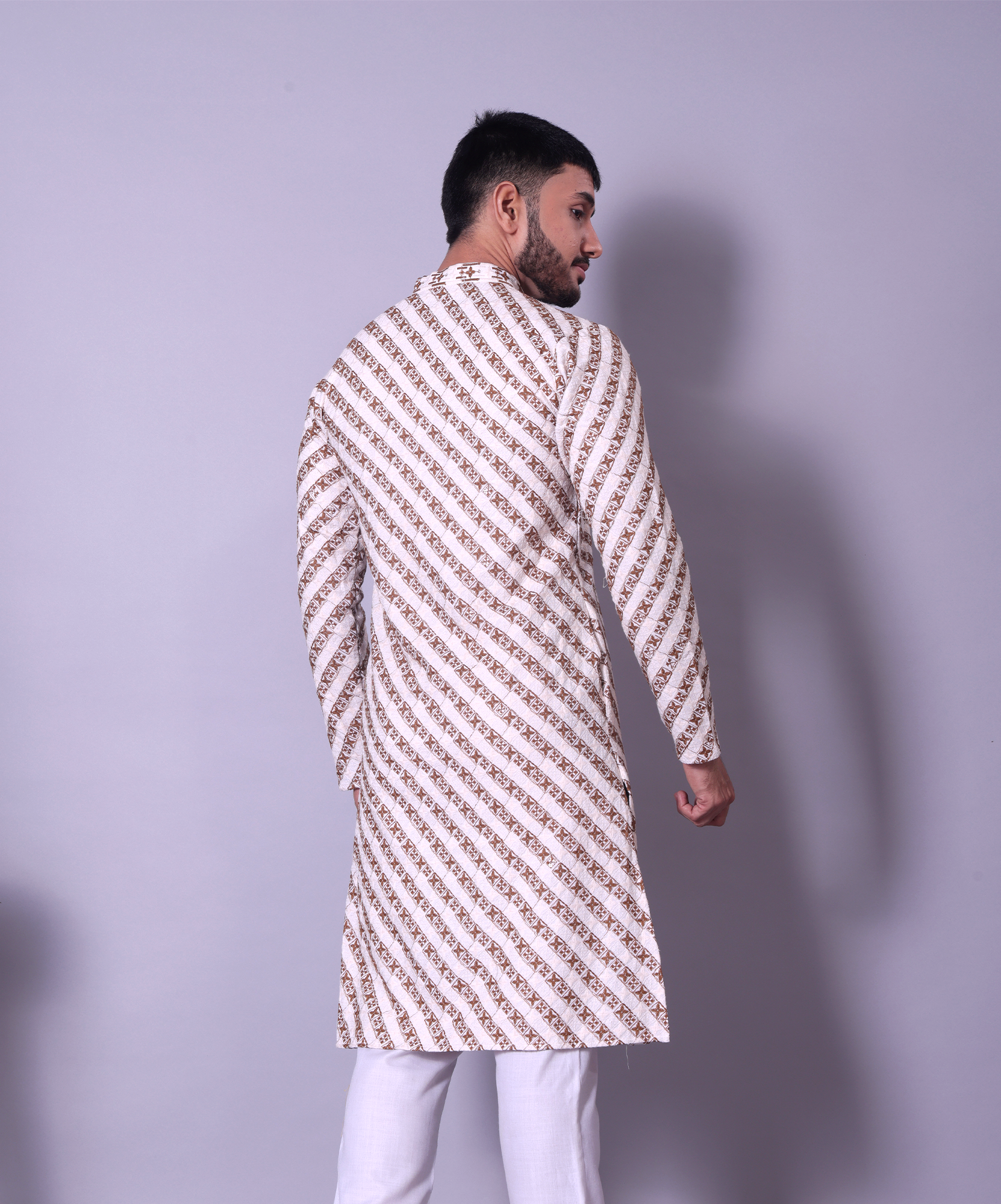 Ivory and Gold Diagonal Pattern Kurta with White Churidar for Men