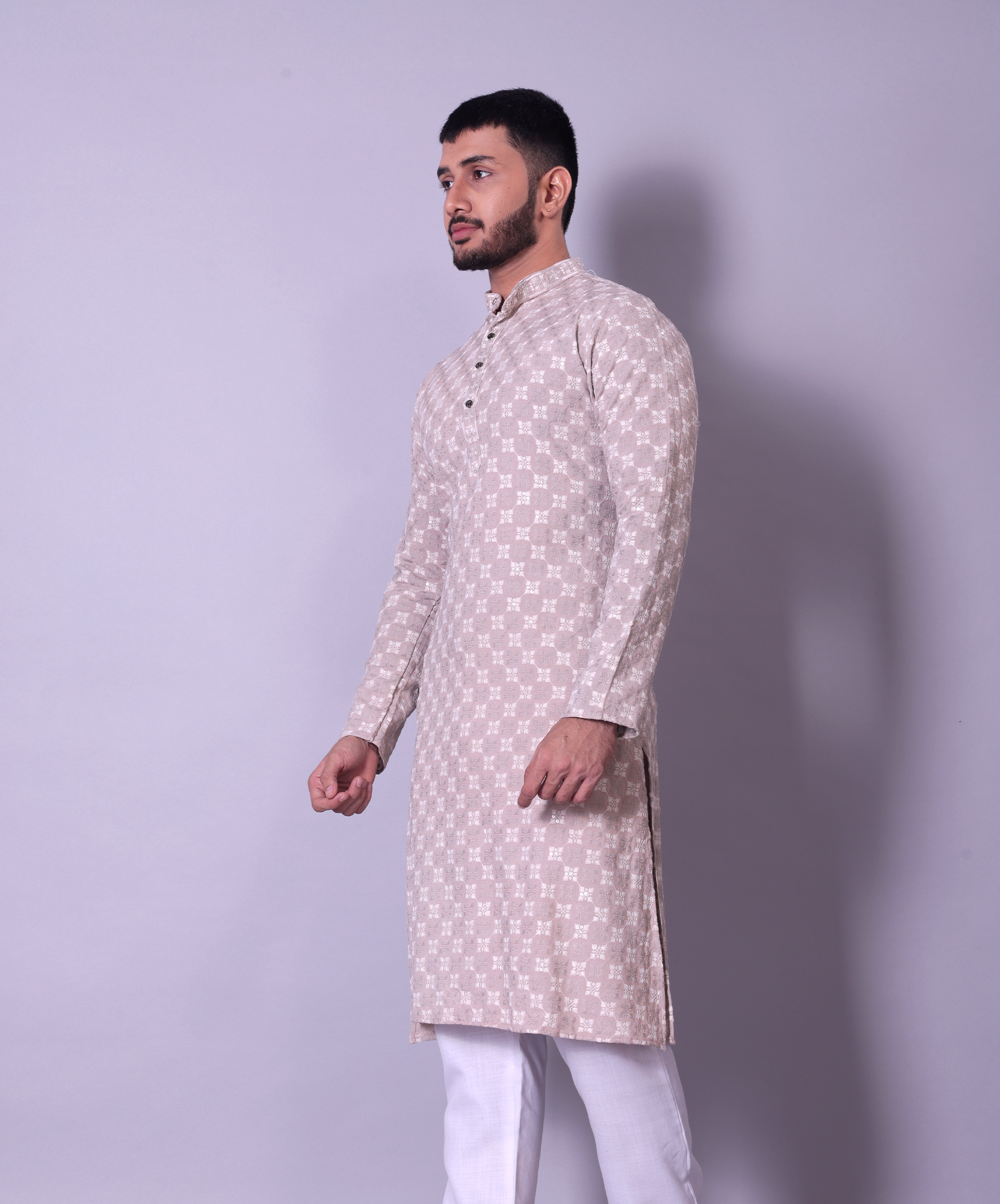 Subtle Beige Textured Kurta with White Churidar for Men