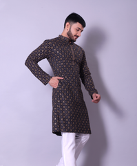Elegant Black and Gold Kurta with White Churidar for Men