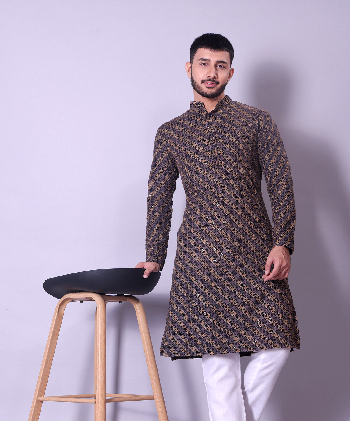 Navy Blue and Gold Embroidered Diagonal Pattern Kurta for Men