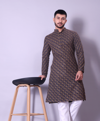 Navy Blue and Gold Embroidered Diagonal Pattern Kurta for Men