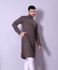 Navy Blue and Gold Embroidered Diagonal Pattern Kurta for Men