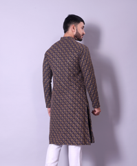 Navy Blue and Gold Embroidered Diagonal Pattern Kurta for Men