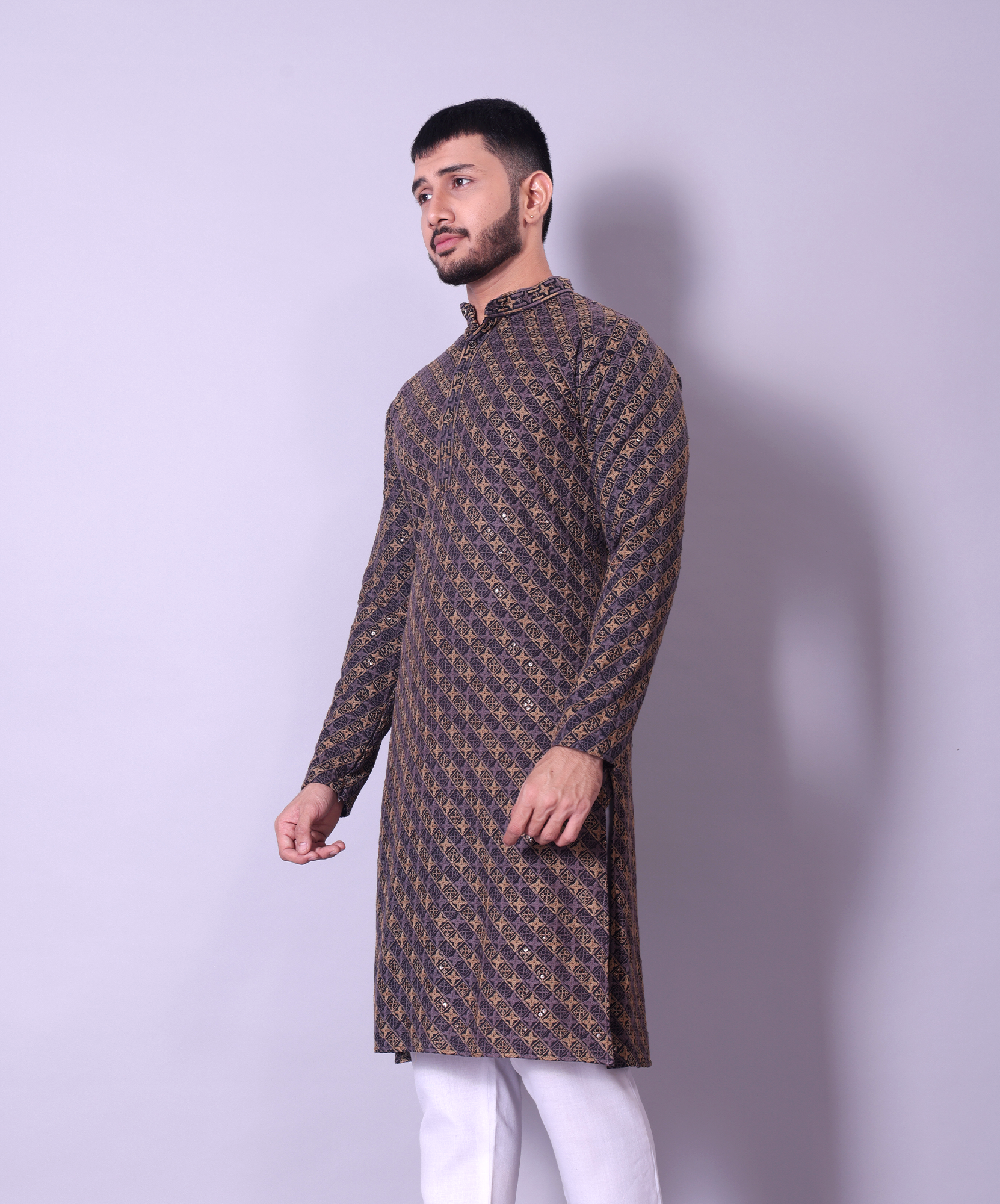 Navy Blue and Gold Embroidered Diagonal Pattern Kurta for Men