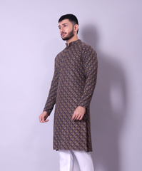 Navy Blue and Gold Embroidered Diagonal Pattern Kurta for Men
