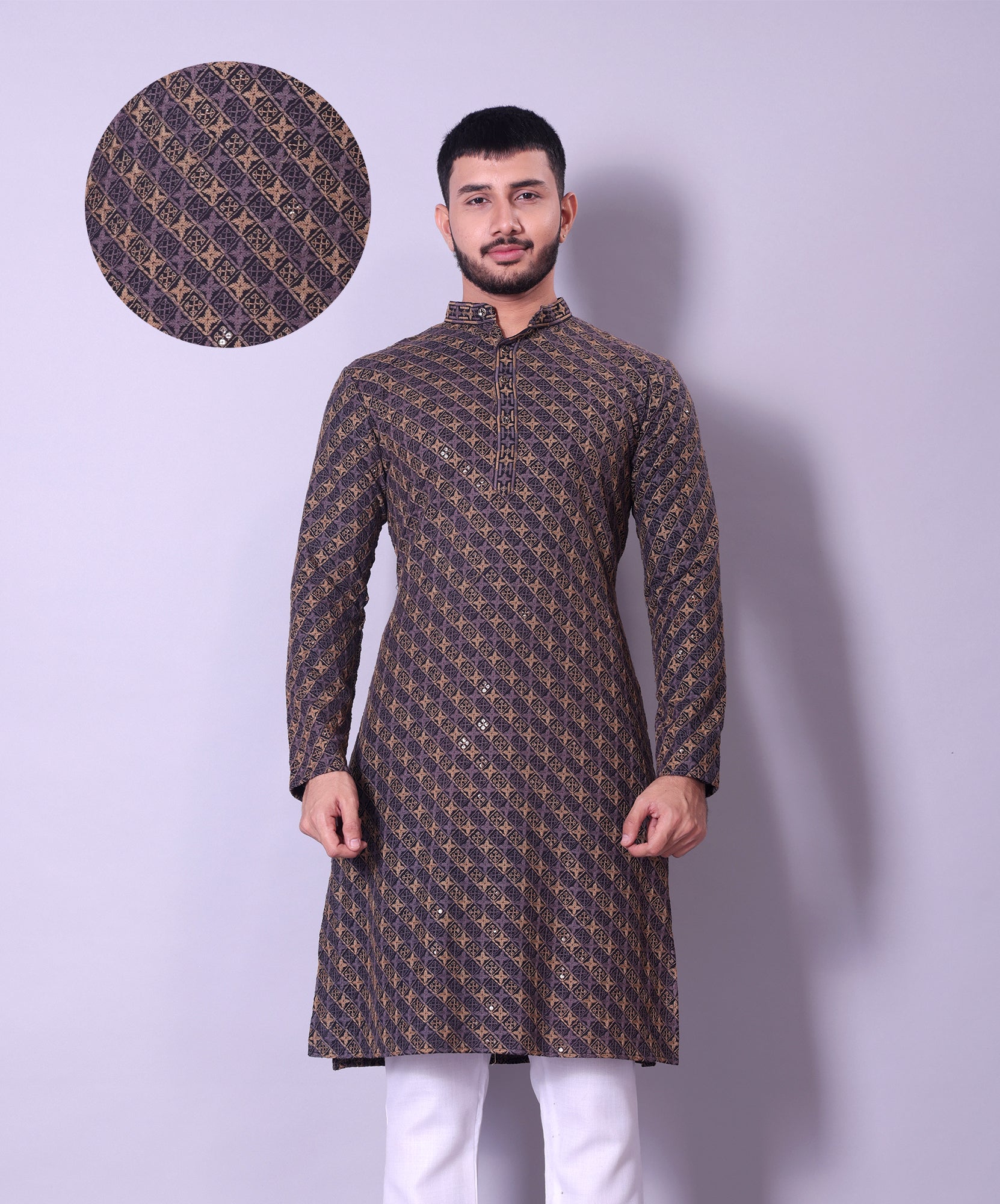 Navy Blue and Gold Embroidered Diagonal Pattern Kurta for Men