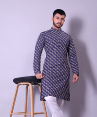 Royal Blue and Gold Diagonal Embroidered Kurta for Men