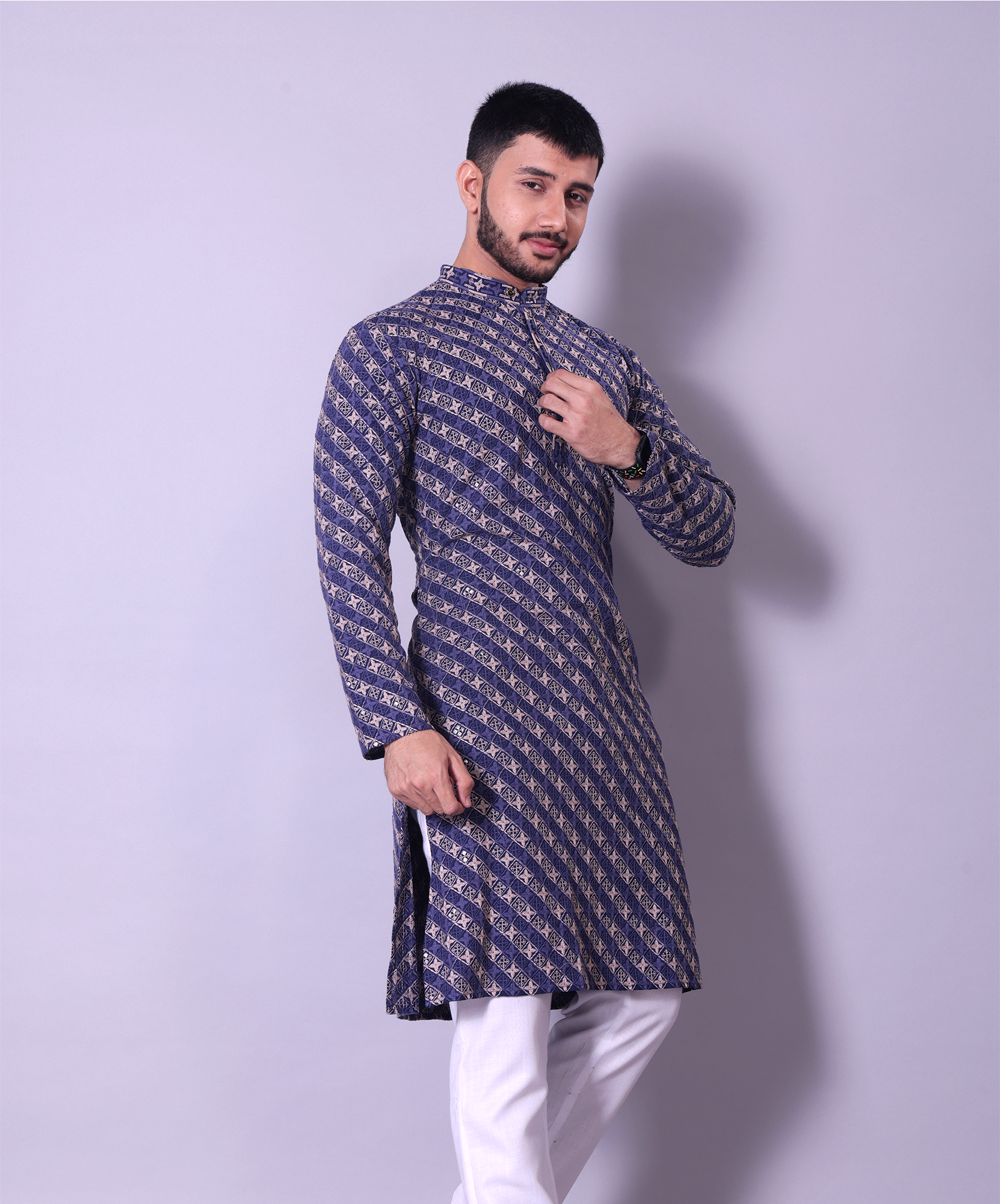 Royal Blue and Gold Diagonal Embroidered Kurta for Men