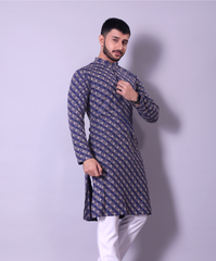 Royal Blue and Gold Diagonal Embroidered Kurta for Men