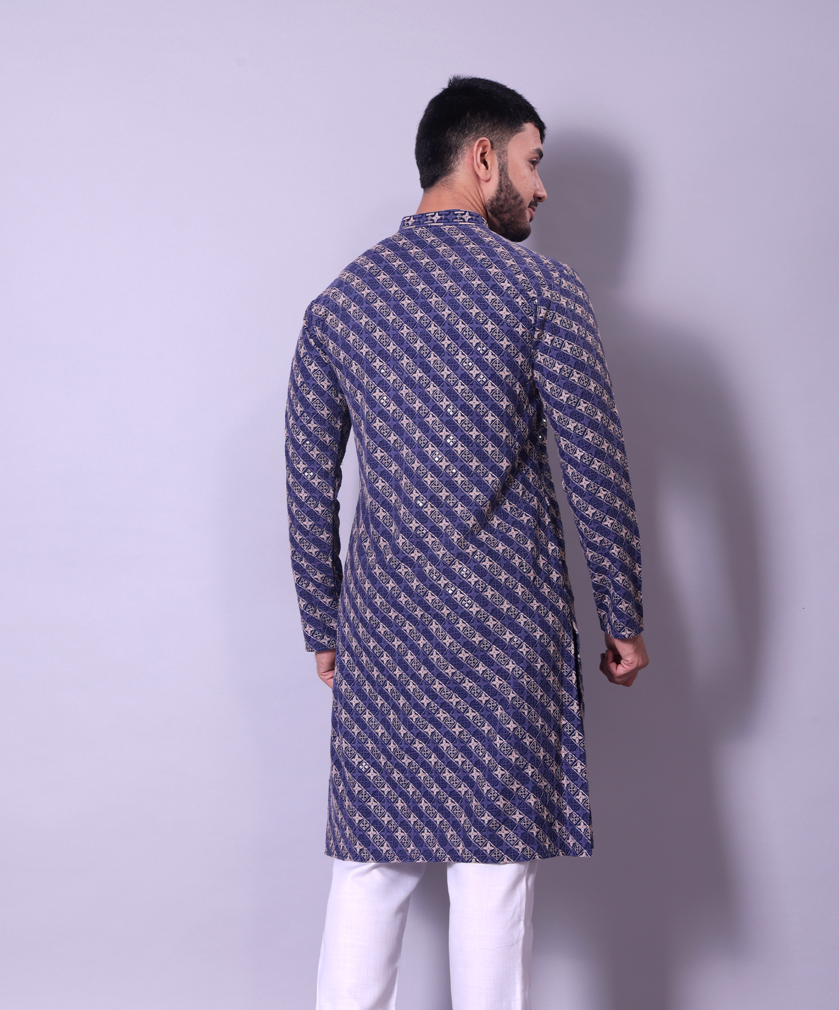 Royal Blue and Gold Diagonal Embroidered Kurta for Men