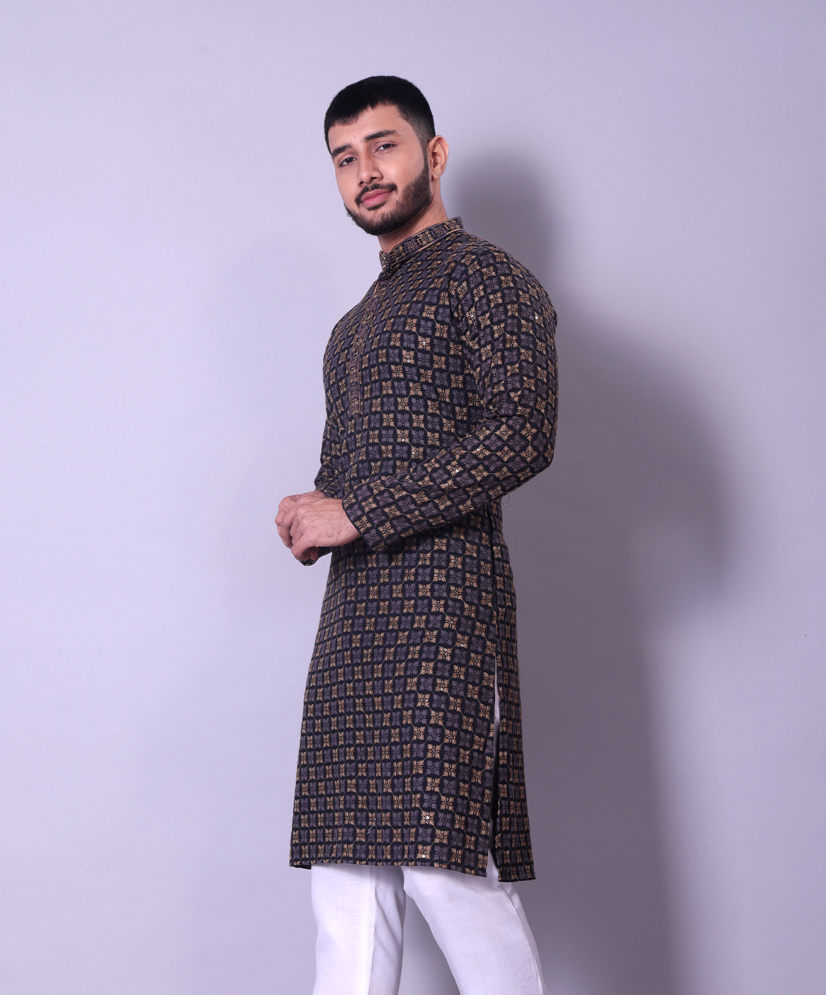 Elegant Black and Gold Kurta with White Churidar for Men