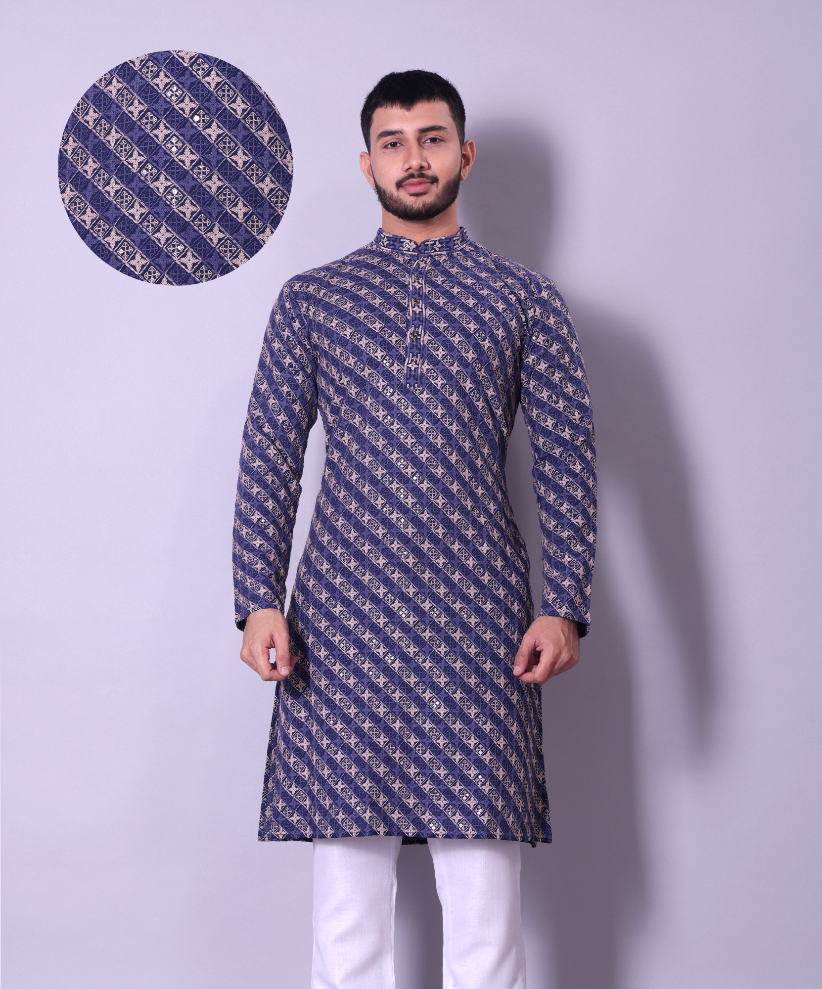 Royal Blue and Gold Diagonal Embroidered Kurta for Men