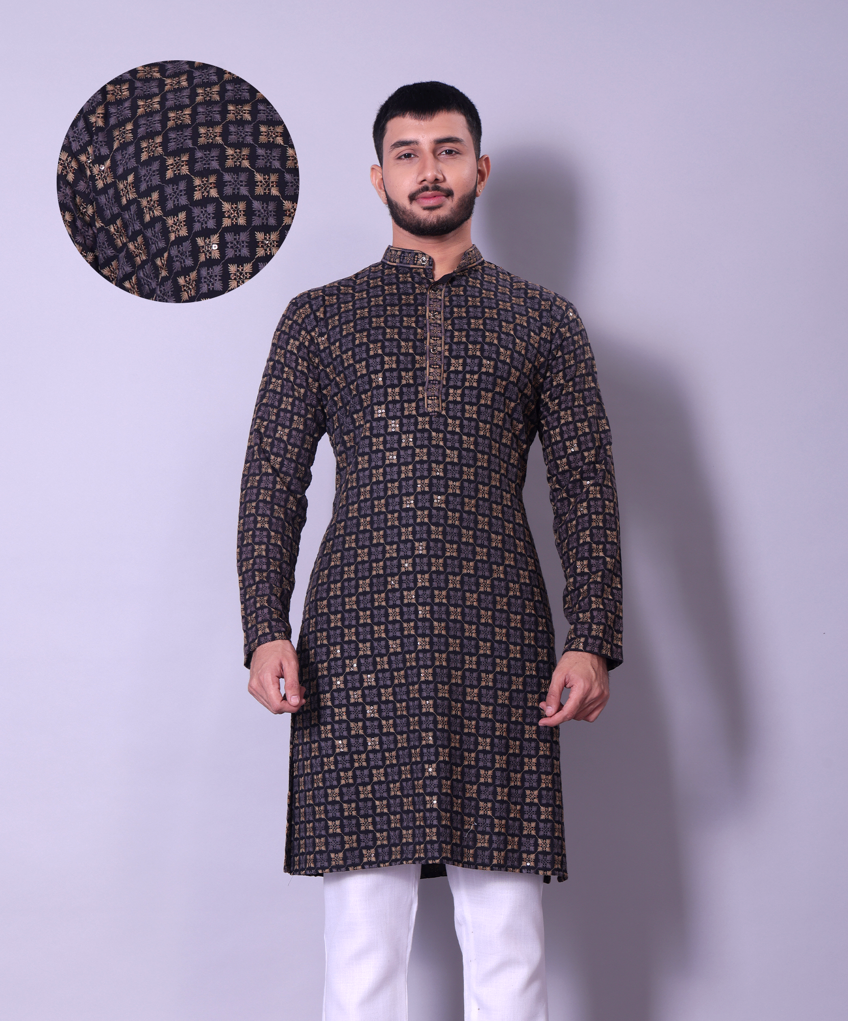Elegant Black and Gold Kurta with White Churidar for Men