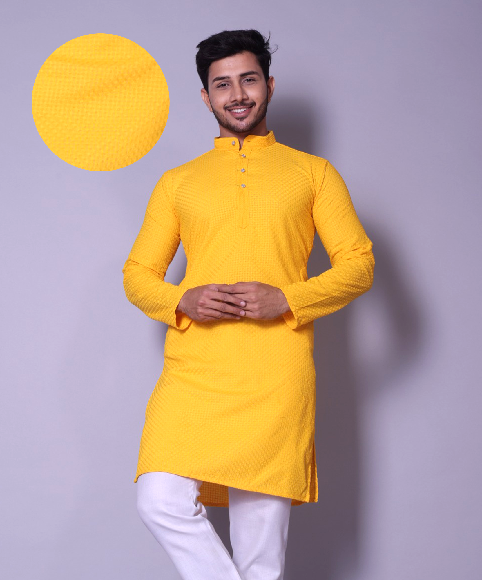 Bright Yellow Textured Kurta for Men