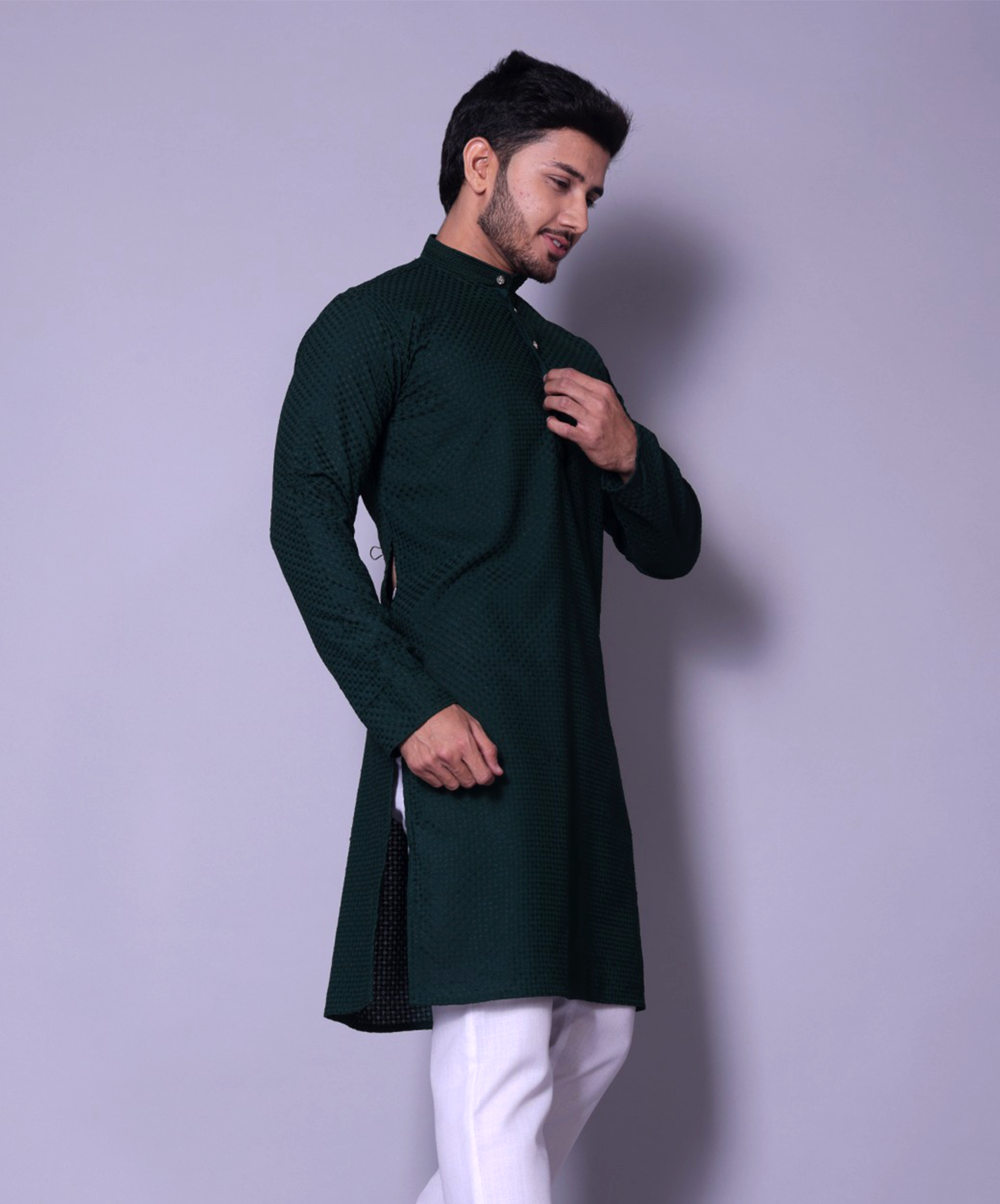 Elegant Dark Green Textured Kurta for Men