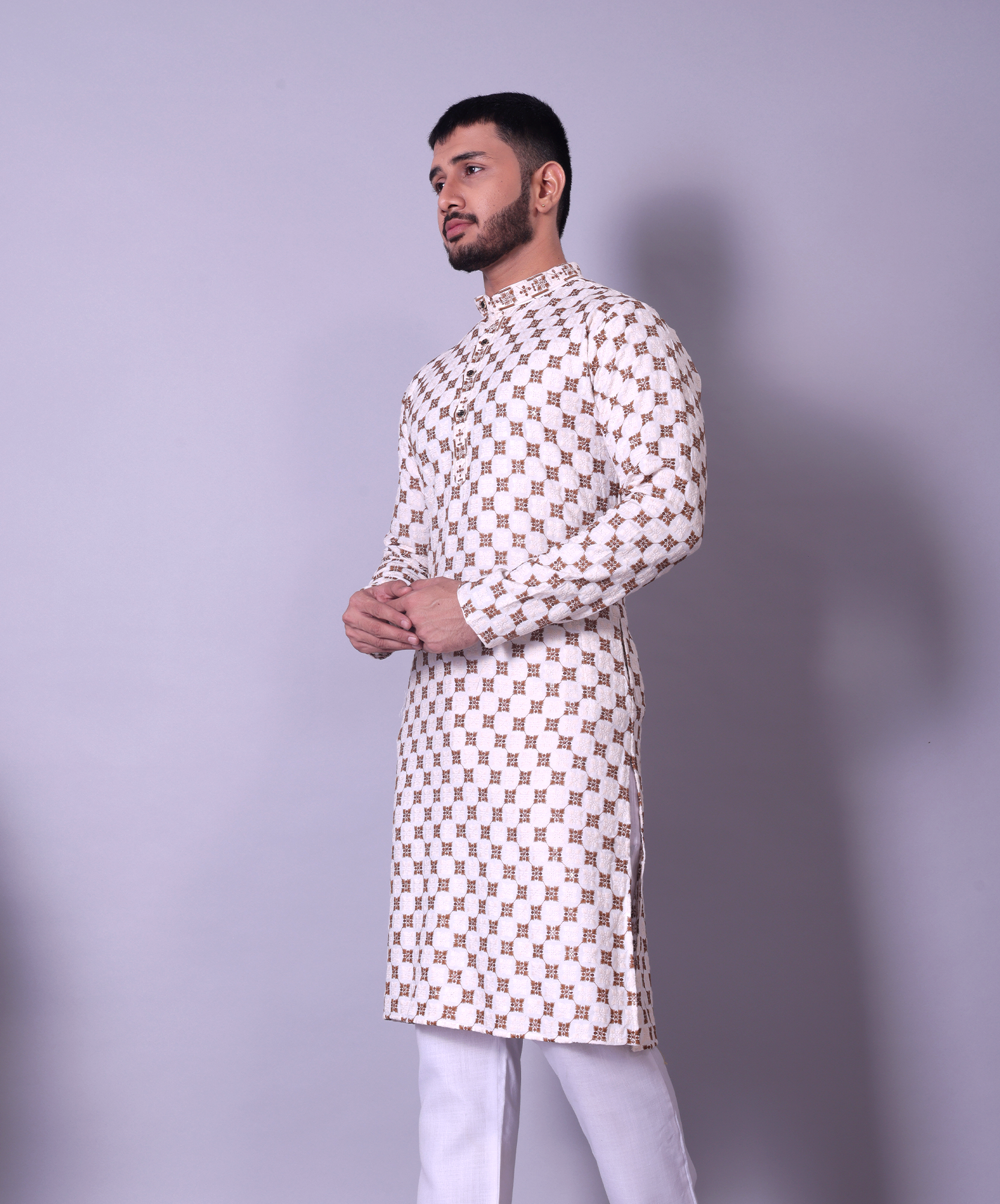 Classic Ivory and Gold Embroidered Kurta with White Churidar for Men