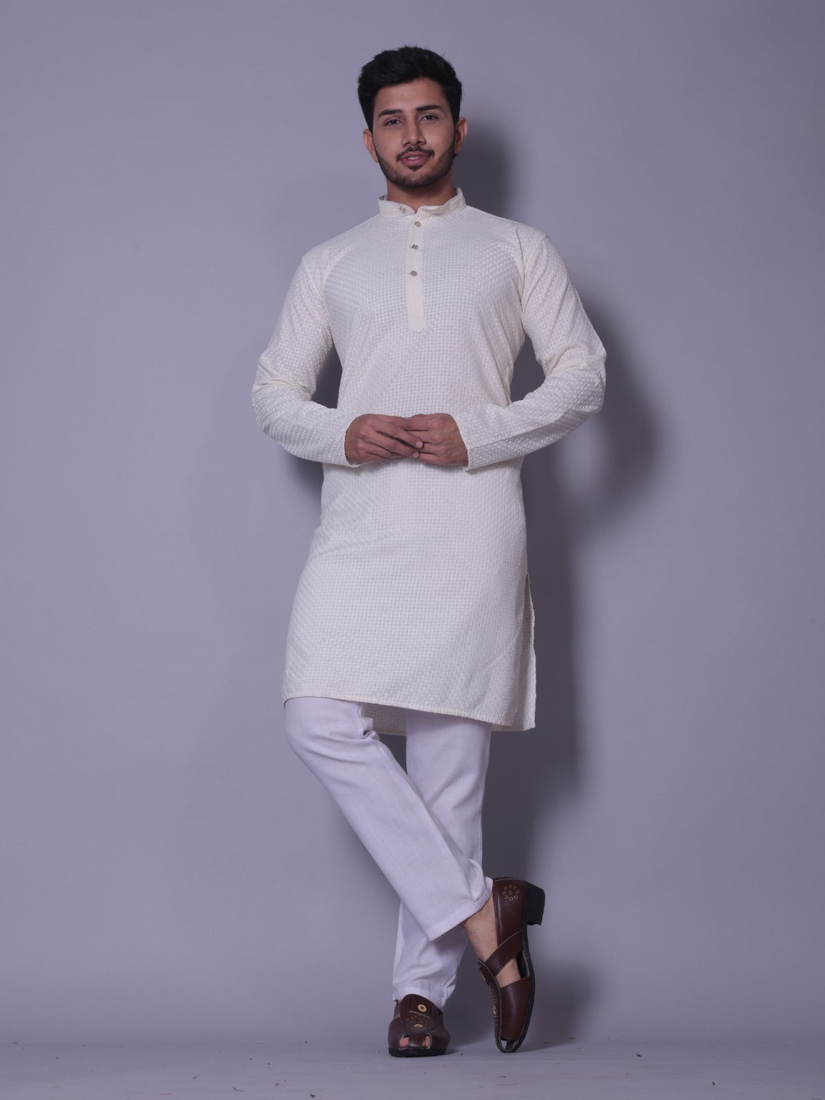 Ivory Textured Kurta Set with White Pajama