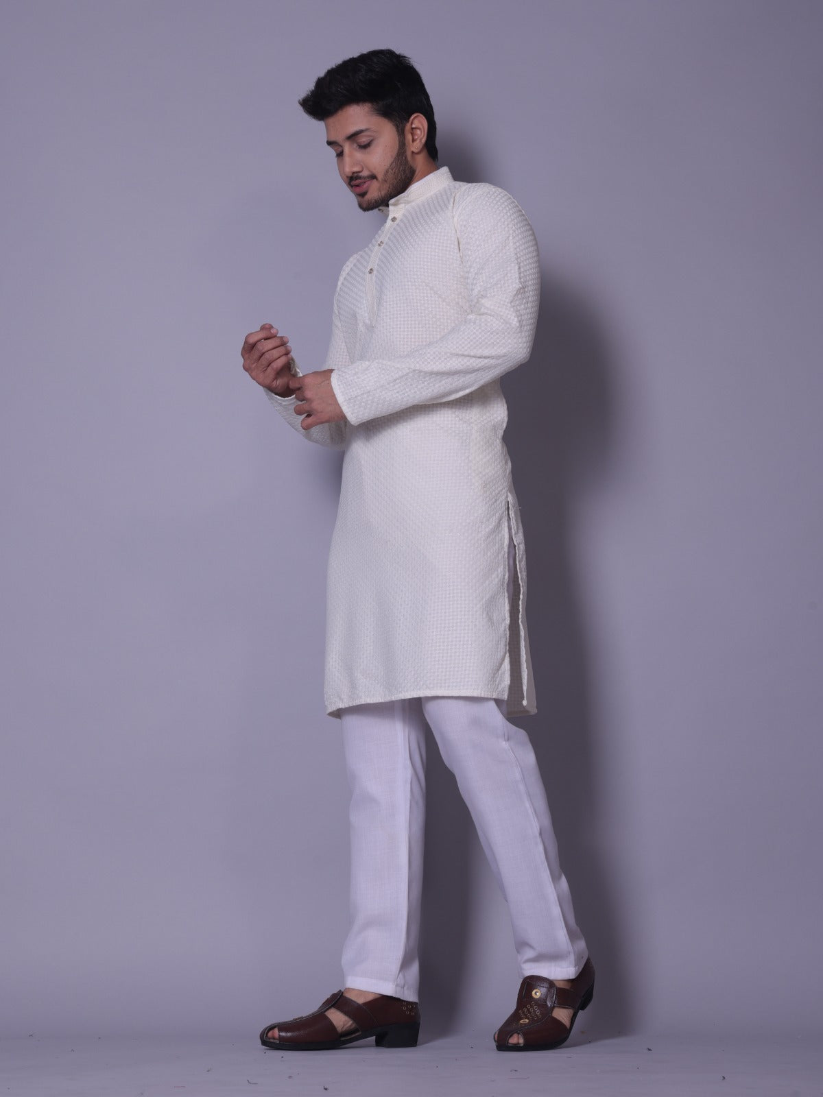 Ivory Textured Kurta Set with White Pajama