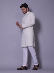 Ivory Textured Kurta Set with White Pajama