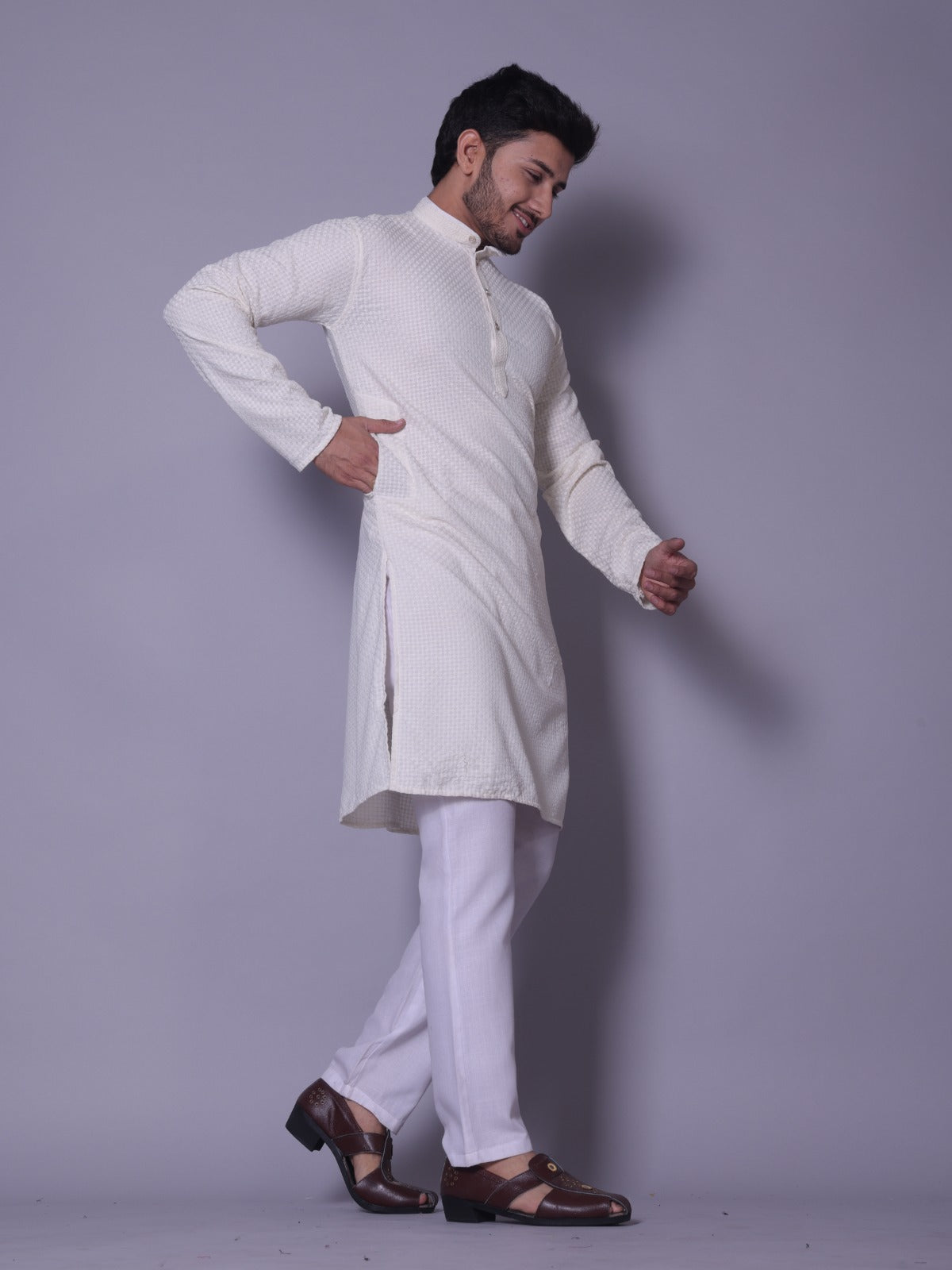 Ivory Textured Kurta Set with White Pajama