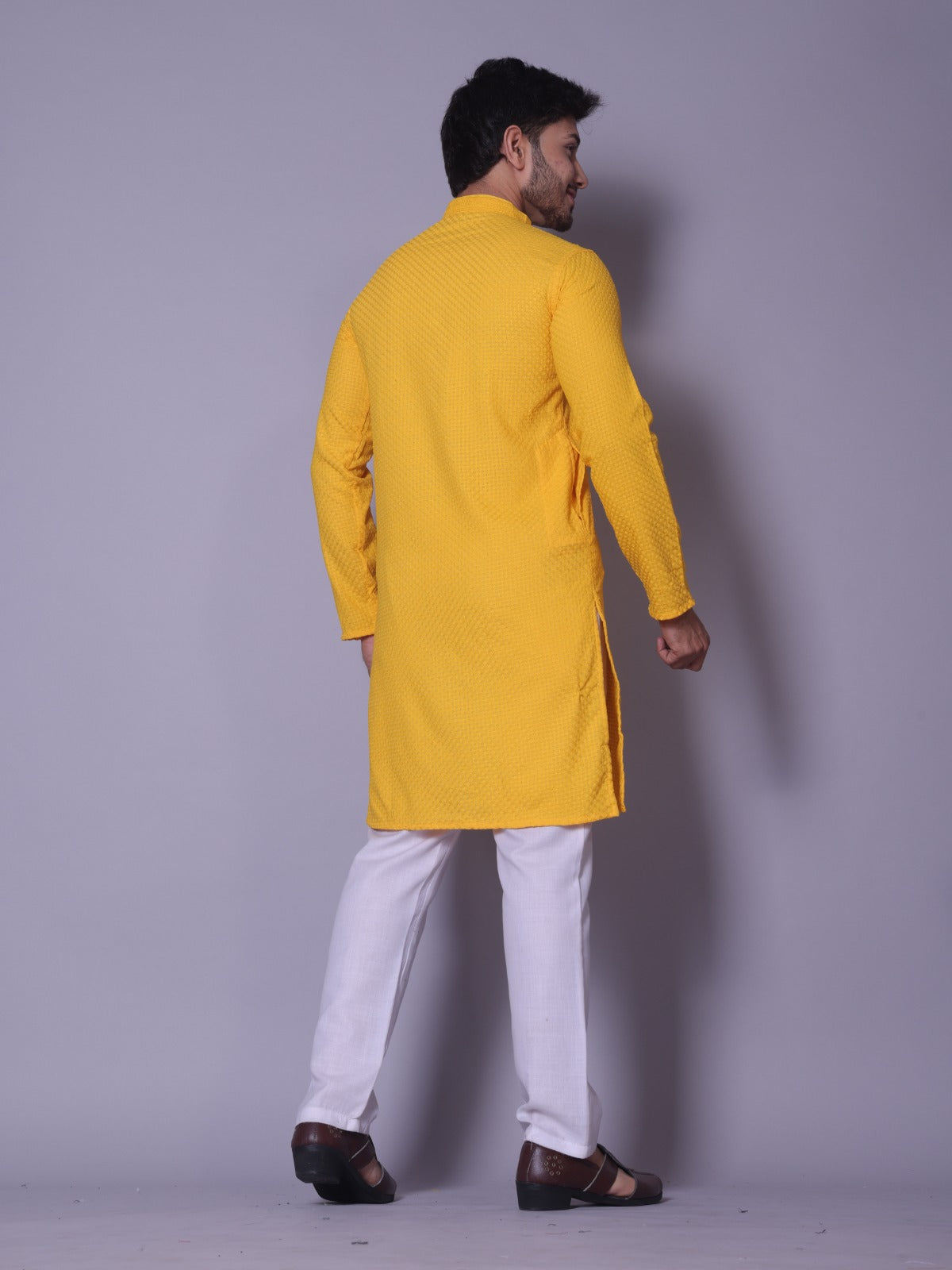 Sunshine Yellow Textured Kurta with White Pajama