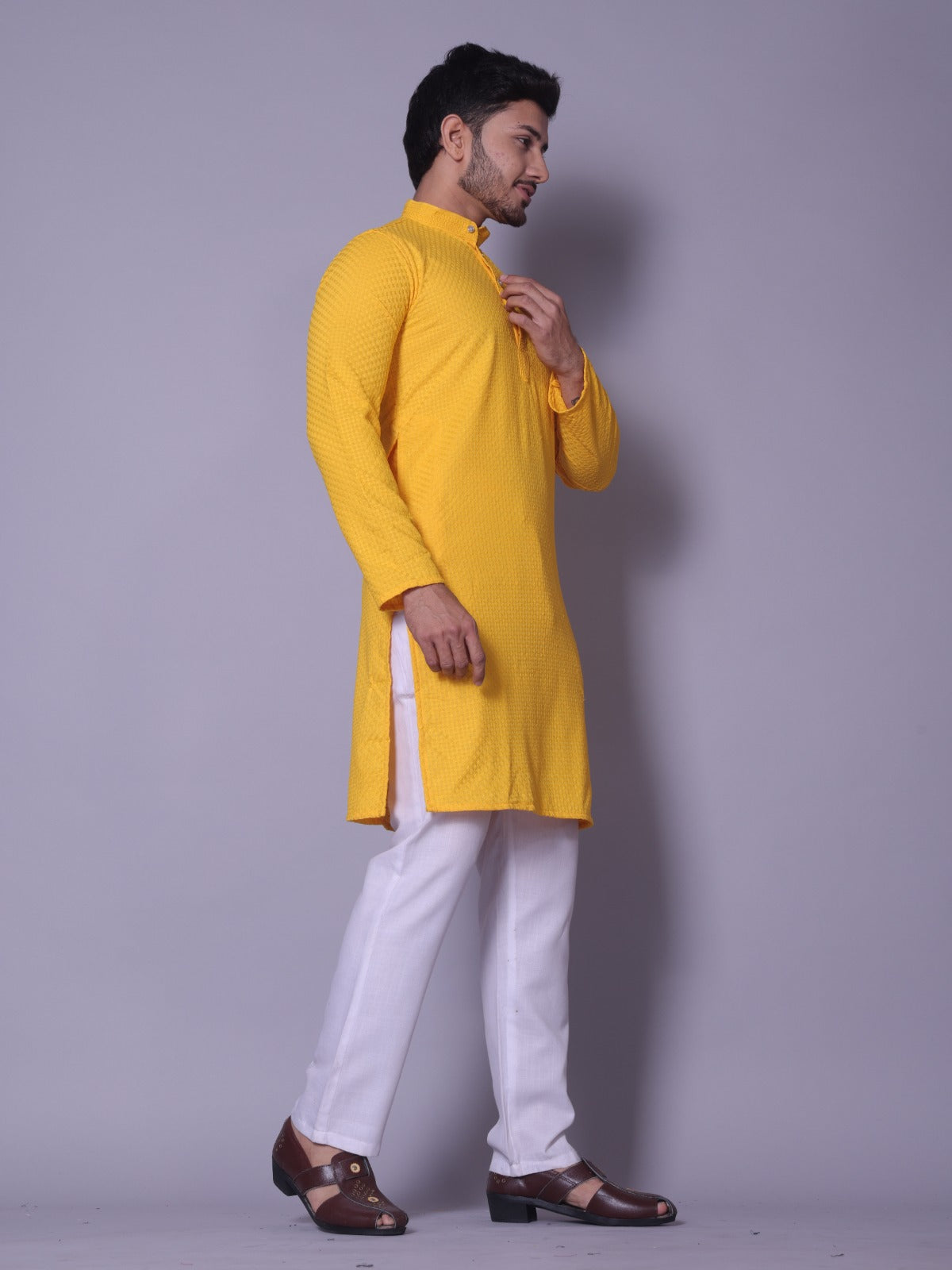 Sunshine Yellow Textured Kurta with White Pajama