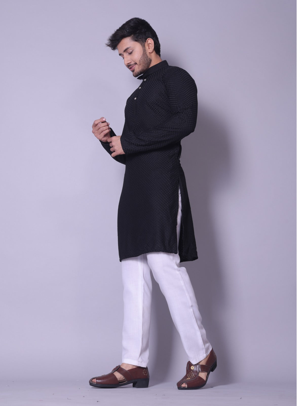 Classic Black Textured Kurta with White Pajama